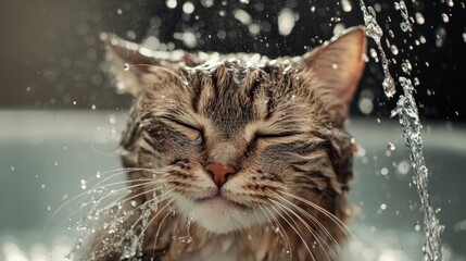 Poster - Close-up of a cat enjoying a bath, with water droplets on its fur and a content expression, showing the details of its wet fur and playful splashes.