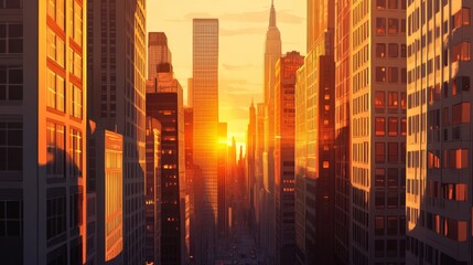 Poster - Close-up of a city skyline with the sun setting between tall buildings, capturing the interplay of light and shadows as day transitions to night.