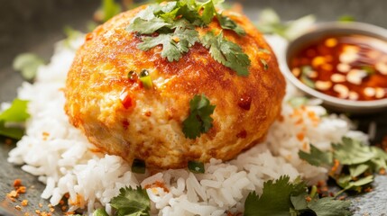 Aufkleber - Close-up of a crispy, fluffy Thai omelette resting on rice, served with a side of spicy sauce and fresh herbs, highlighting the texture and rich flavor.
