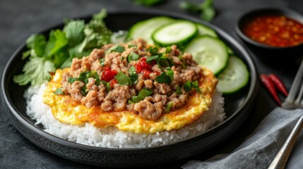 Aufkleber - Close-up of a delicious omelette with minced pork, served on top of steamed rice, with chili sauce and fresh cucumbers on the side.
