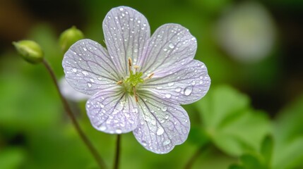 Poster - Close-up of a delicate flower with tiny water droplets scattered across its petals, capturing the freshness and detail of the natural scene.