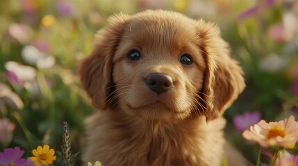 Aufkleber - Close-up of a fluffy puppy with a tiny nose and bright eyes, sitting in a field of flowers, enhancing its cuteness and natural beauty.