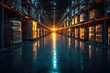 © Galina - Sunlight streaming through a warehouse aisle filled with neatly stacked pallets at dawn