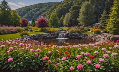 Poster - A beautiful garden with a small pond and a waterfall. The pond is surrounded by a variety of flowers, including pink and yellow ones. The scene is peaceful and serene, with the sound of the waterfall