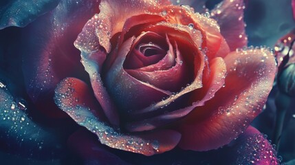 Aufkleber - Close-up of a vibrant, dew-kissed rose with delicate petals and intricate details, showcasing the flowers natural beauty and freshness.