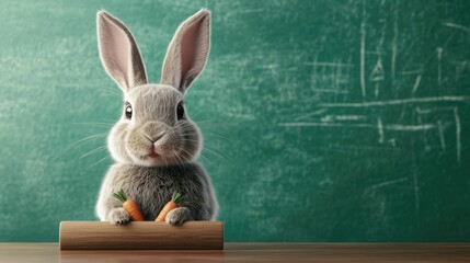 Poster - Adorable 3D Cartoon Rabbit Character Teaching Multiplication Lessons Using Carrots as Visual Aids in a Whimsical Farm Classroom Setting with Chalkboard Background