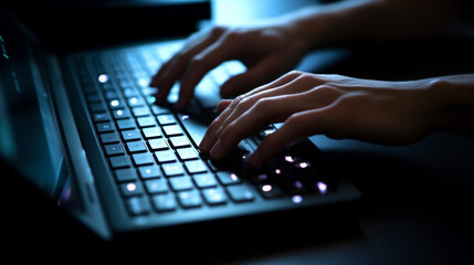 Poster - Closeup Hands Typing on Laptop Keyboard Night Dark Blue Light Web Work Keys Glow Image Photo Cyber  