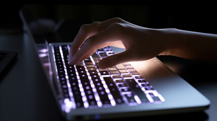Poster - Woman Typing on Laptop Keyboard Night Light Illuminated Keys Work Glow Dark Desk Data Hands Input   