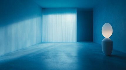 Poster - Serene Blue Minimalist Room Interior Design Modern Lamp Art Wall Home Calm Space Clean Light Floor  