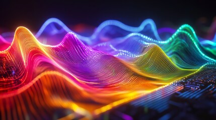 Poster - Colorful electric waves spreading across a circuit board, illustrating the power and complexity of electronic devices in modern technology.