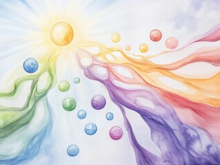 Poster - Whimsical watercolor painting depicting a serene and calming scene with glowing bubbles pastel colors and a harmonious fluid composition  The image evokes a sense of tranquility meditation