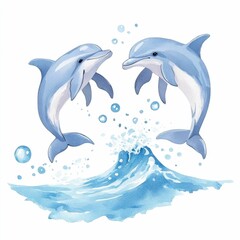 Poster - Vibrant watercolor depicting dolphins gracefully jumping over soft swirling ocean waves surrounded by glowing bubbles  This serene