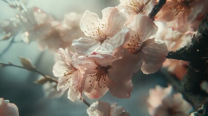 Poster - Detailed shot of a blooming cherry blossom, capturing the subtle pink hues and fine details