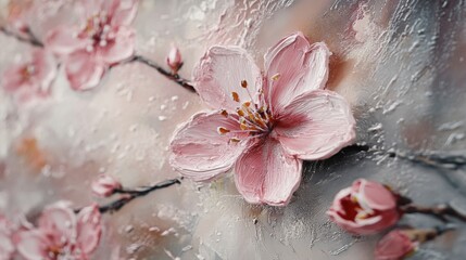 Poster - Detailed shot of a blooming cherry blossom, capturing the subtle pink hues and fine details