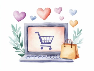 Poster - Vibrant watercolor painting depicting a laptop screen with a glowing shopping cart icon and tiny  cheerful hearts floating around