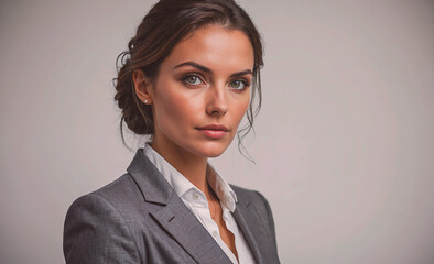 Poster - A woman in a business suit with a serious expression. She is wearing a necklace and earrings
