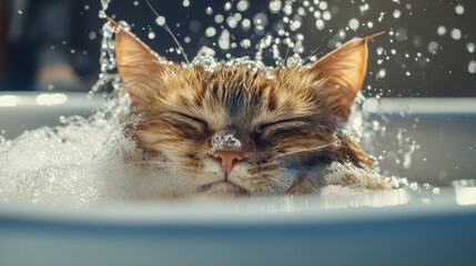 Poster - Detailed shot of a cat being bathed in a pet bathing tub, with water splashing around and the cat's fur glistening, emphasizing the bath time environment.