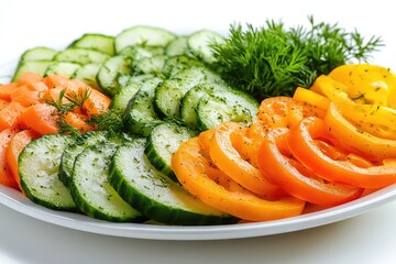 Wall Mural - Sliced vegetables with dill arranged on white plate: carrots, cucumbers, tomatoes, and peppers creating colorful and healthy meal