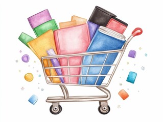 Poster - A vibrant and rendered watercolor depicting a shopping cart filled with a variety of colorful products such as books  clothes  and gadgets  all surrounded by a sparkling