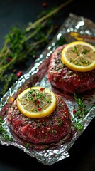 Wall Mural - Raw seasoned burger patties with lemon and thyme, resting on aluminum foil, ready to be grilled