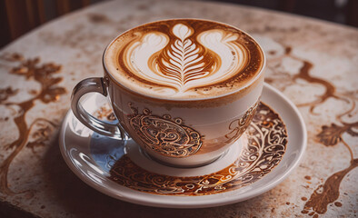 Poster - A cup of coffee with a leaf design on the side sits on a white plate. The cup is filled with a layer of foam, giving it a rich and inviting appearance. Concept of warmth and comfort
