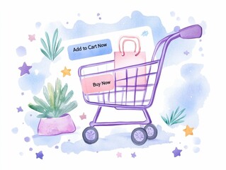 Poster - watercolor digital of an ecommerce product page with glowing Add to Cart and Buy Now buttons surrounded by a whimsical pattern of colorful stars and shapes