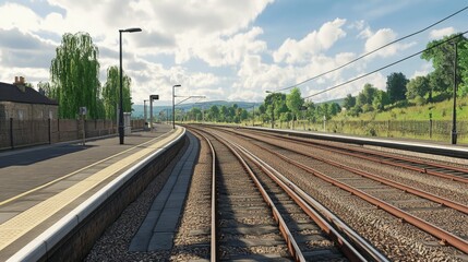Fototapete - Detailed shot of a railway platform with tracks in view, showing the interaction between the platform and the rails, and the surrounding environment.