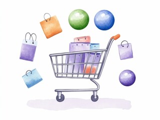 Poster - Vibrant watercolor shopping sale banner design featuring discounted product icons and playful  painted tones  Ideal for ecommerce  retail  and marketing promotions