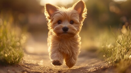 Aufkleber - Detailed shot of a small, cute dog with a wagging tail and perky ears, set against a soft, blurred background to highlight its cuteness.