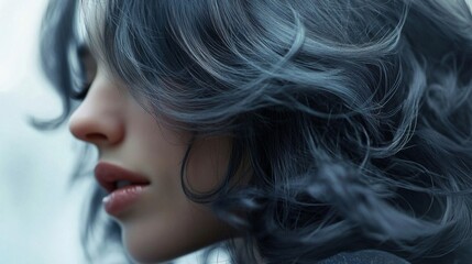 Aufkleber - Detailed shot of a woman with beautifully layered hair, showcasing the movement and texture of her hairstyle in a soft, blurred background.