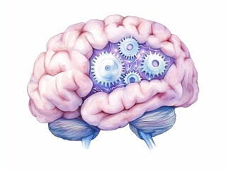 Poster - A captivating watercolor depicting a human brain filled with intricate gears and glowing circuits  painted in a vibrant and cheerful color palette  symbolizing the of technology and the mind