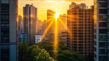 Poster - Detailed shot of the sun setting behind a cluster of high-rise buildings, with the suns rays spilling between the structures and creating a beautiful cityscape.