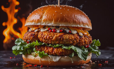 Aufkleber - A large burger with two pieces of chicken and lettuce on top. The bun is brown and the lettuce is green