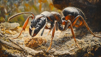 Poster - Detailed view of an ant carrying food back to its nest, emphasizing its strong mandibles and the texture of its body in a natural setting.