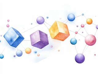 Aufkleber - A captivating abstract watercolor design featuring floating cubes and spheres connected by glowing threads  creating a mesmerizing geometric composition with a dreamlike  futuristic aesthetic