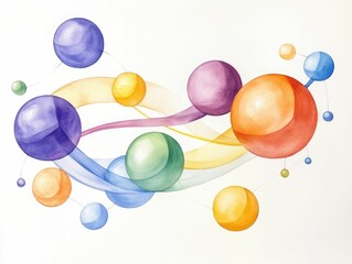 Poster - Captivating watercolor abstract design featuring a dreamlike composition of floating cubes and spheres connected by glowing  translucent threads  creating a mesmerizing  imaginative