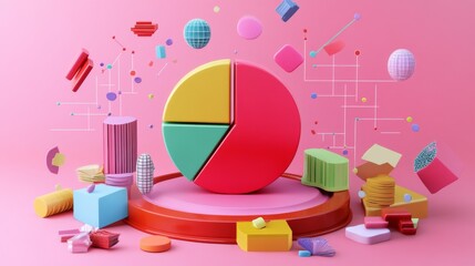 Aufkleber - Exploded D pie chart with each segment hovering separately, surrounded by digital data icons