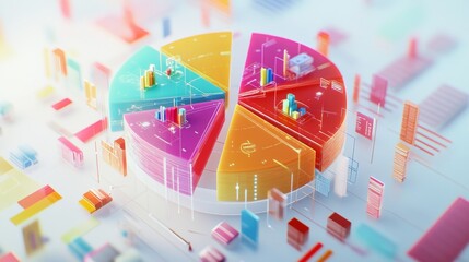 Aufkleber - Exploded D pie chart with each segment hovering separately, surrounded by digital data icons