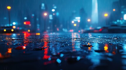 rainy night city street reflections, urban background