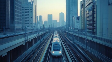 Poster - High-definition shot of a high-speed train on elevated tracks, emphasizing its sleek profile and the impressive infrastructure supporting its rapid transit.