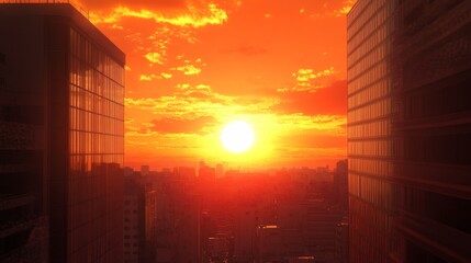 Poster - High-definition view of a sunset between two tall buildings, with the sun casting a warm, orange hue across the urban landscape and creating striking contrasts.