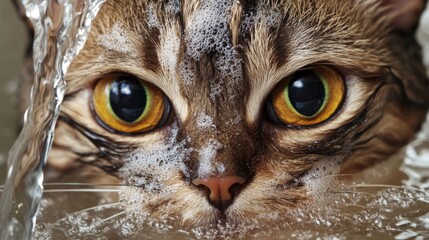 Poster - High-resolution close-up of a cat's face during bath time, with water running over its fur and its eyes wide open, capturing the intricate details of its grooming process.
