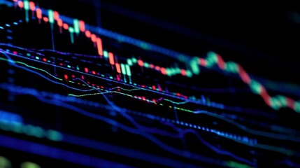 Poster - High-resolution close-up of a digital financial graph with candlestick patterns, emphasizing the volatility and performance of market assets.