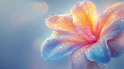 Poster - High-resolution shot of a vibrant flower with multiple water droplets scattered across its petals, creating a sparkling effect against a soft background.