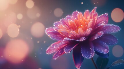Poster - High-resolution shot of a vibrant flower with multiple water droplets scattered across its petals, creating a sparkling effect against a soft background.