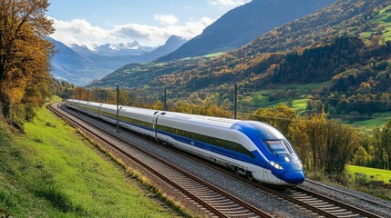 Fototapete - High-resolution view of a high-speed train on a dedicated track, highlighting the specialized rail system and the train's impressive speed capabilities.