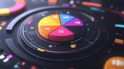 Fototapete - Interactive D pie chart with floating labels and percentages, digital interface elements surrounding it