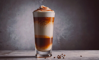 Aufkleber - A glass of coffee with a white foam on top. The coffee is brown and has a creamy texture