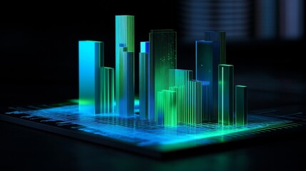 Aufkleber - Vibrant D bar chart in blue and green, with a digital interface overlay, set against a dark background