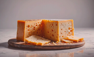 Poster - A slice of cheese is cut from a large block of cheese. The cheese is yellow and has holes in it
